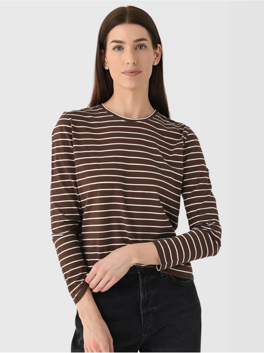 KULE The Modern Long Tee In Brown & White Stripes Size Small
